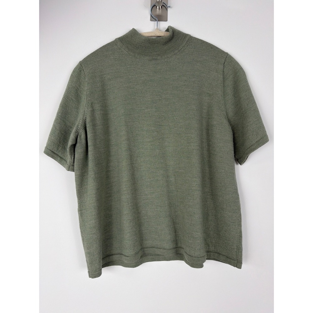 Pendleton Knit Top Womens 1X Green Merino Wool Mock Neck Short Sleeve Classic
